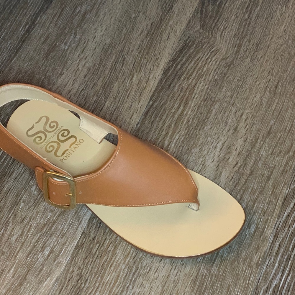 SianoviaRoma Positano Italian Leather Caramel Brown Leather Sandals Gold Buckle - Picture 4 of 9
